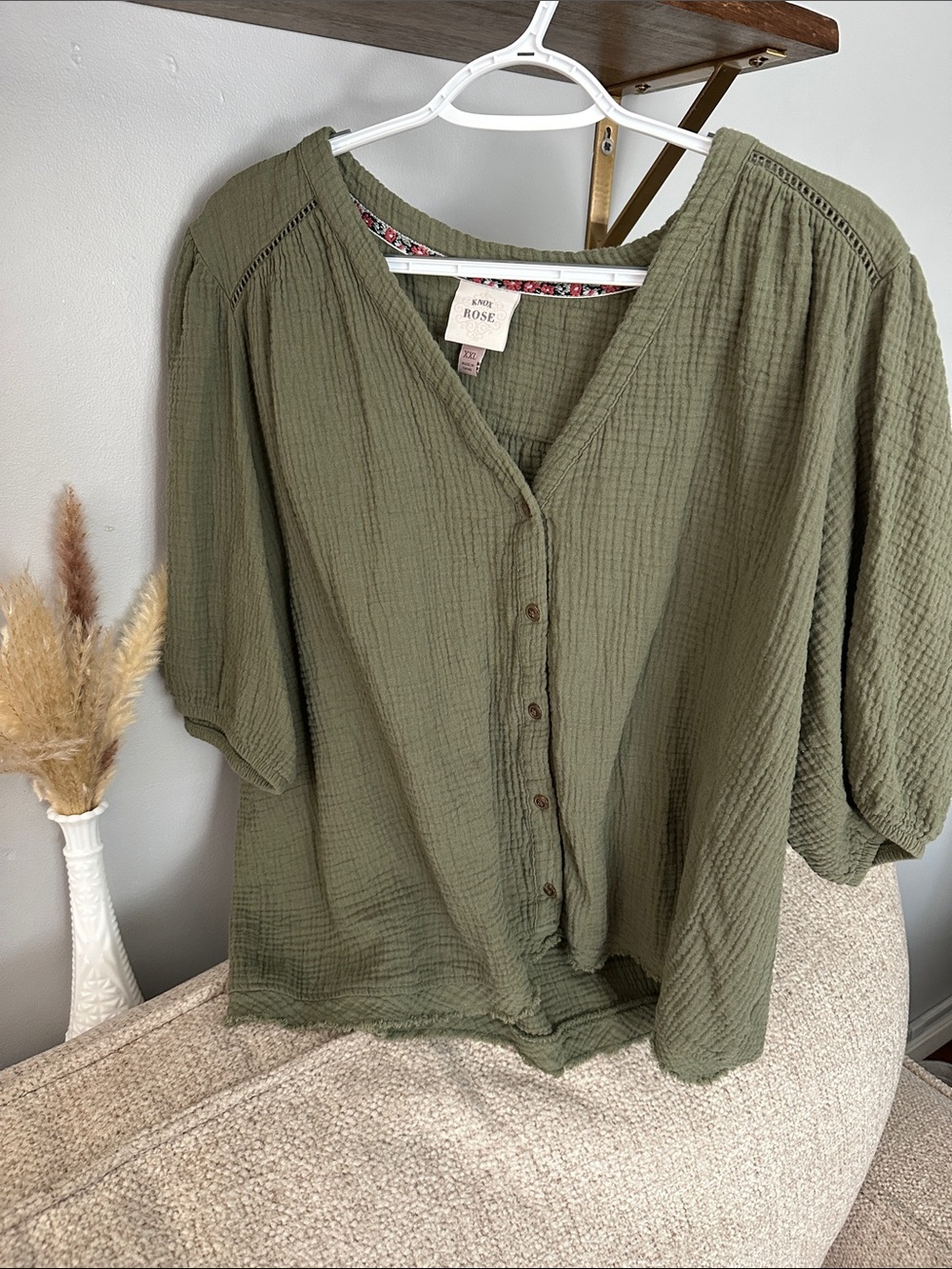 Knox Rose Olive Green Button-Front Gauze Blouse